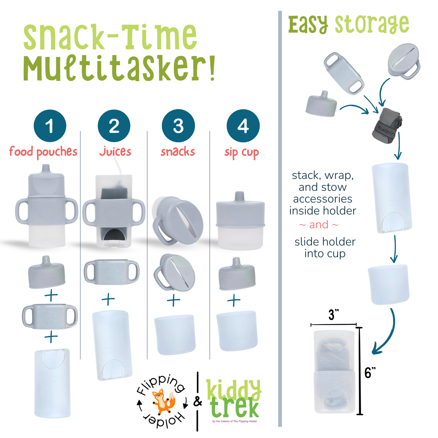 KiddyTrek 4-in-1 Sip & Snack Set - Food Pouch & Juice Box Holder, Snack Cup, Sip Cup ALL IN ONE