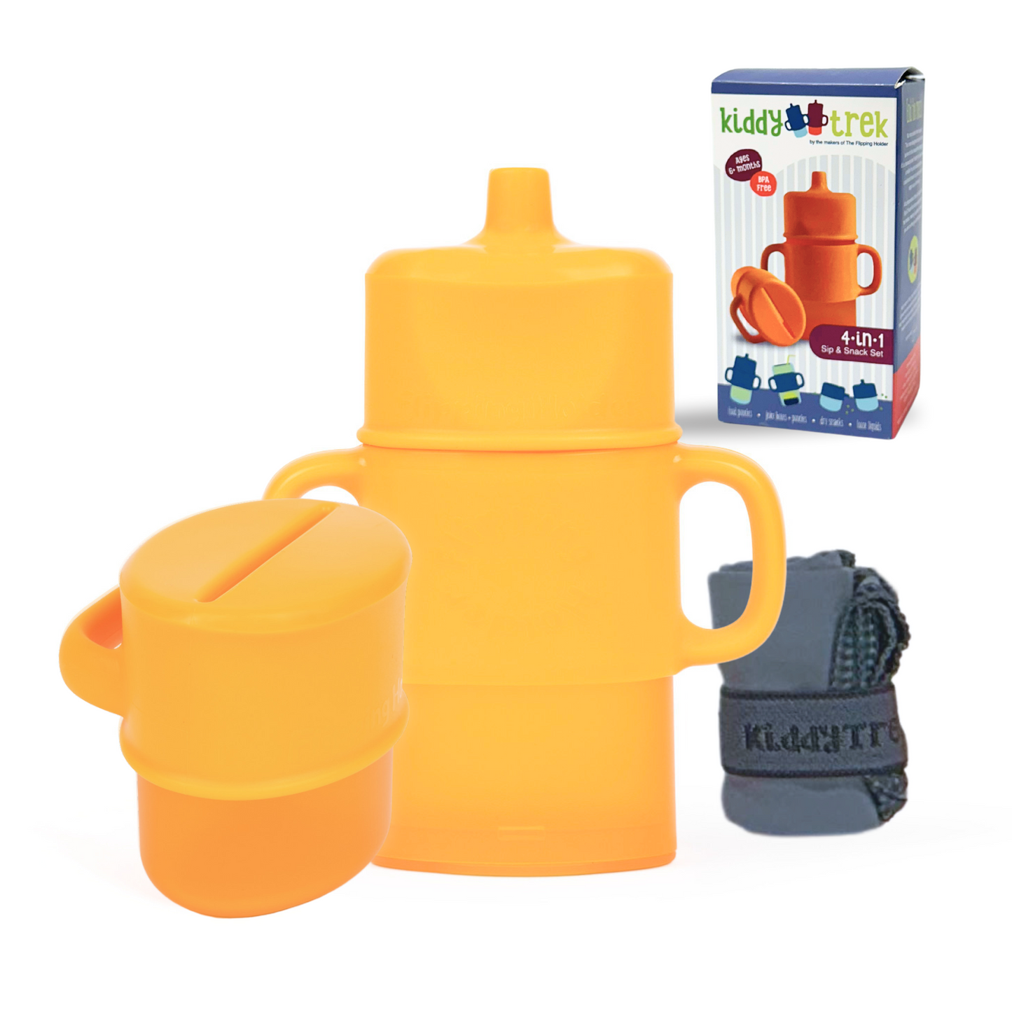 KiddyTrek 4-in-1 Sip & Snack Set - Food Pouch & Juice Box Holder, Snack Cup, Sip Cup ALL IN ONE